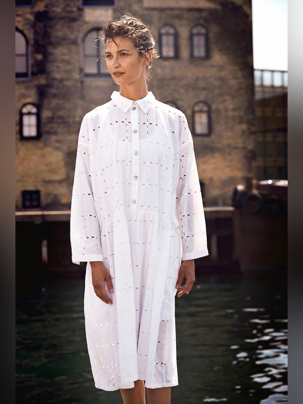 Bitte Kai Rand White Eyelet Cutwork Cotton Shirt Drop Waist Dress Midi Size2 M/L